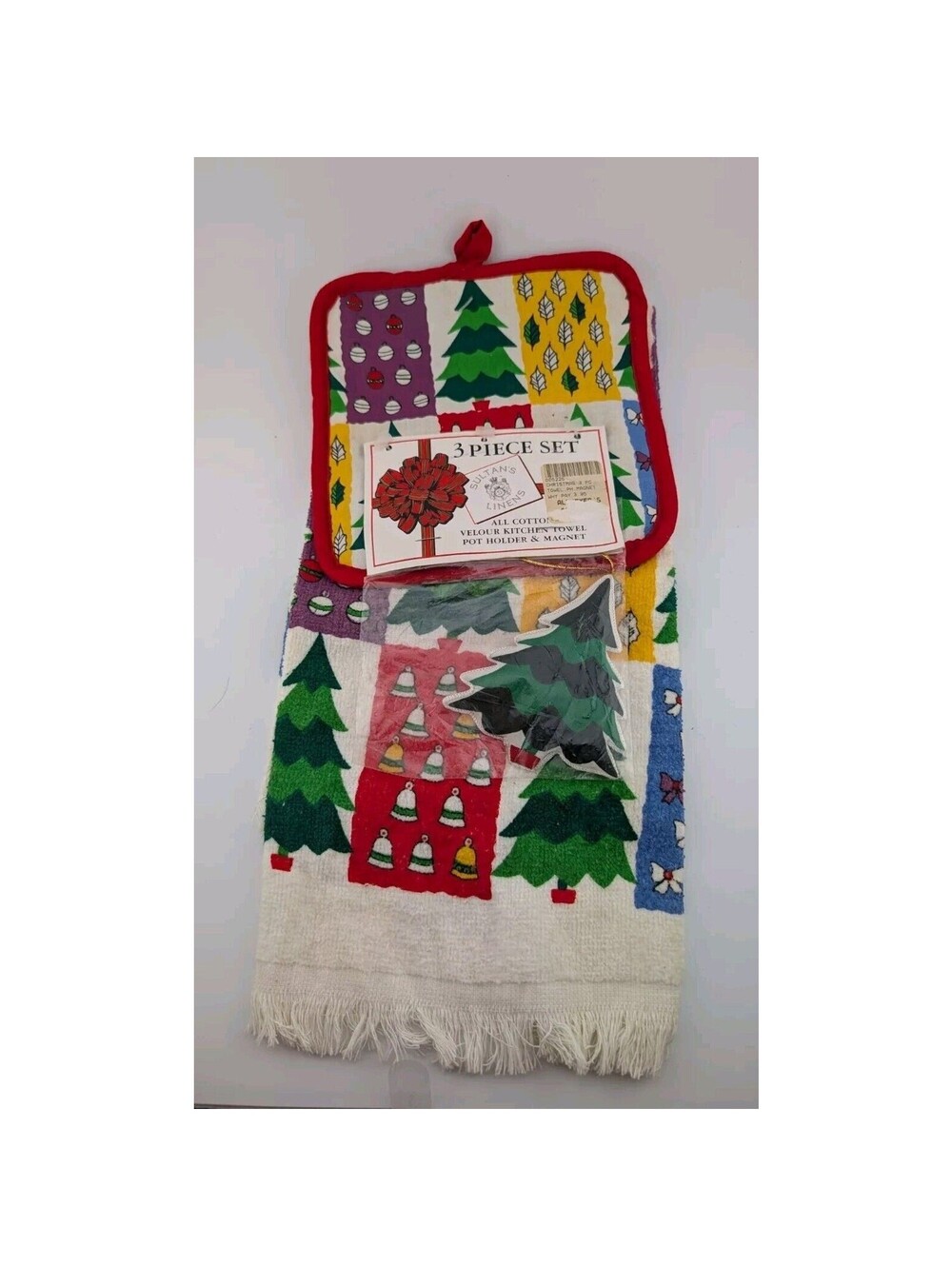 Vintage 3 Piece Dish Towel Set Sultans Linens Pot Holder Magnet Christmas Gift